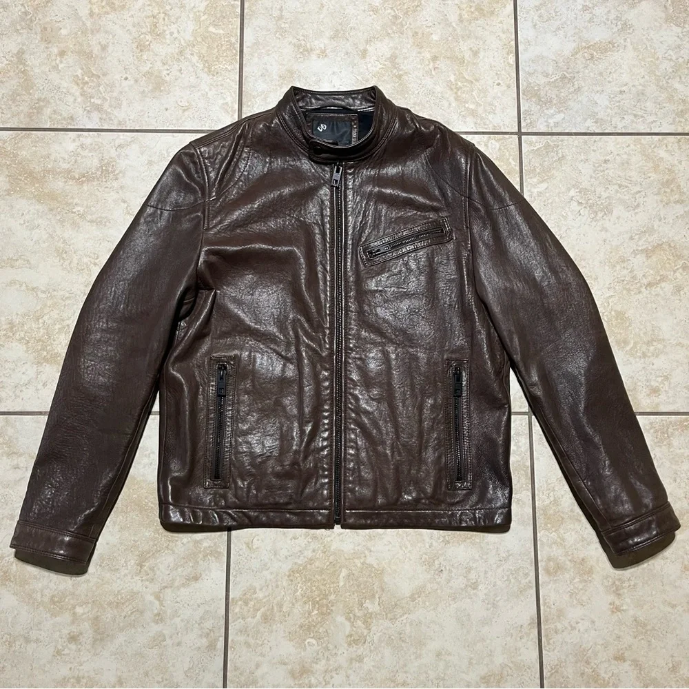 Andrew Marc New York Leather Brown Moto Racer Biker Jacket Men's Size Medium - Picture 1 of 12